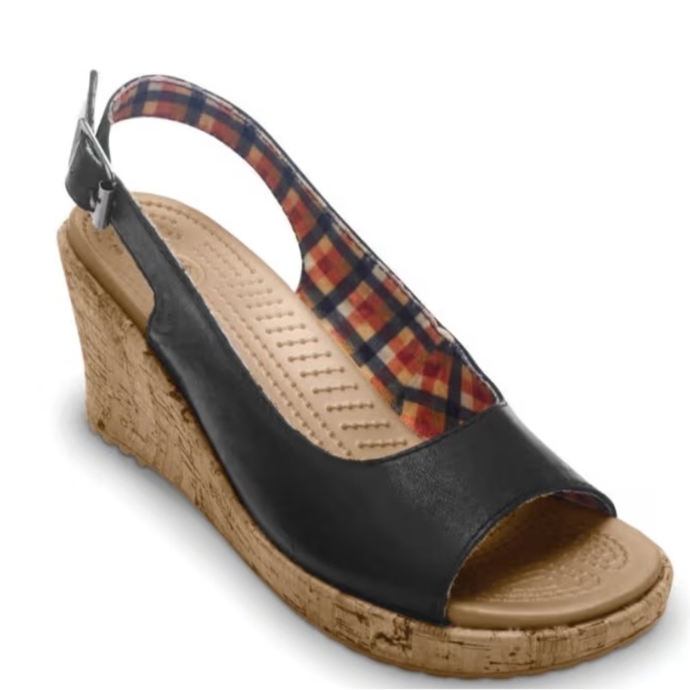 Crocs A-Leigh Black Leather Open-Toe Slingback Cork Wedges- 7